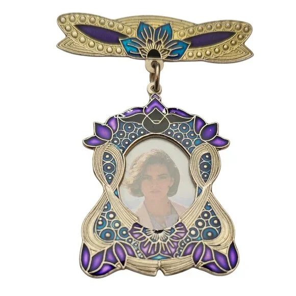 Blue Purple Enamel Photo Holder Brooch Bar Dangle Pin C629